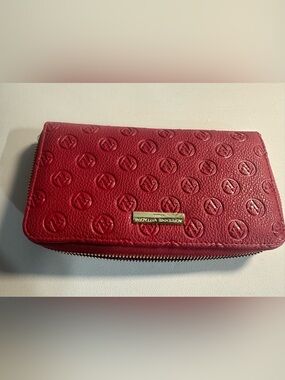 Adrienne Vittadini Crimson Embossed Leather Zip Wallet with Gold Plaque